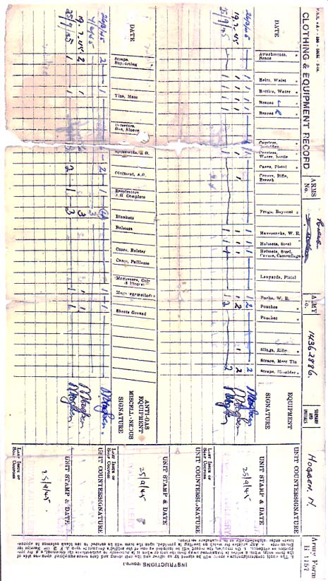 Sample Clothing and Equipment Record (Army Form H1157) : page 2